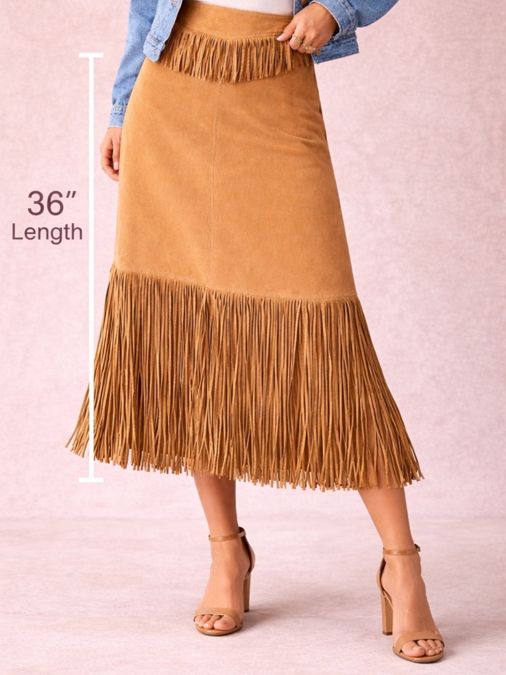 Erez Levy Genuine Suede Fringe Midi Skirt Western Boho Tan Brown Festival